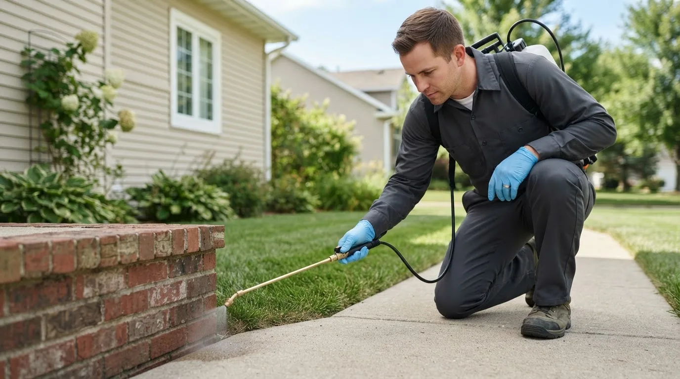 Pest control technician treating a home near Braintree, MA
